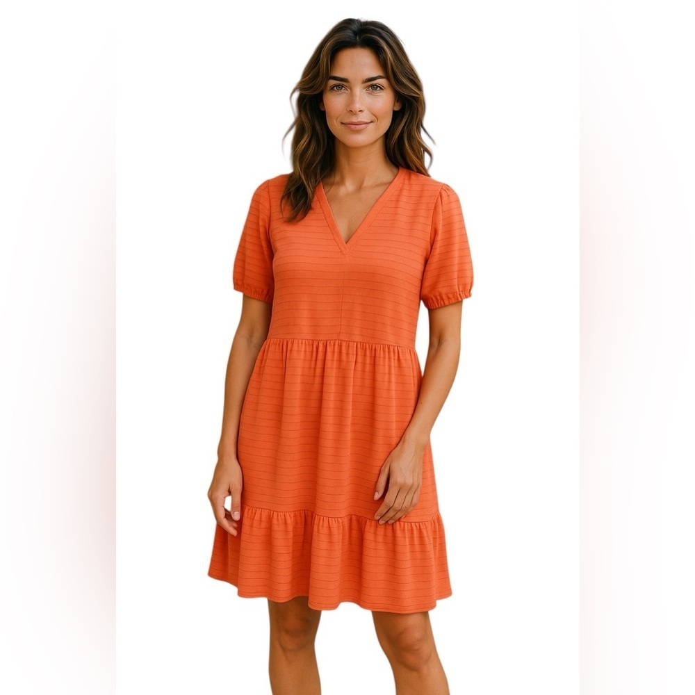 LOFT Orange Textured Tiered Dress Puff Sleeve V-Neck Ruffle Hem – Small